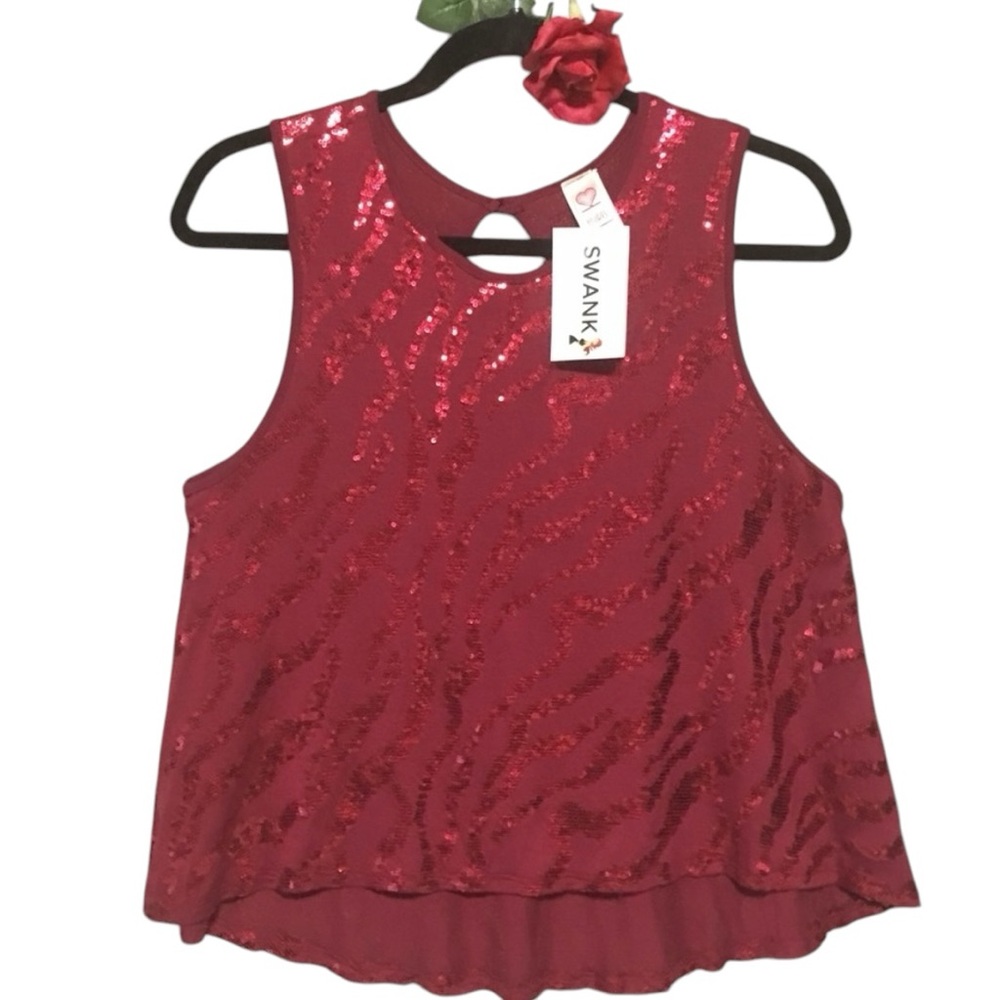 SWANK Wine Red Sequin Hi-Lo
Keyhole Back Sleeveless Top